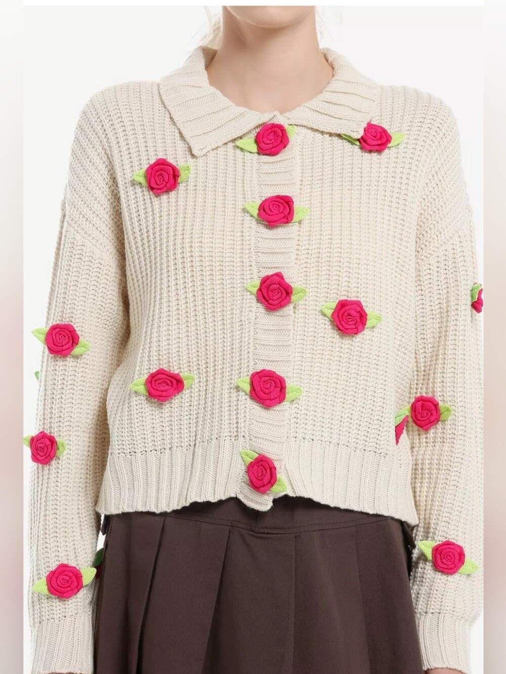 SWEET SOCIETY Cream Crochet Red Rosette Cardigan